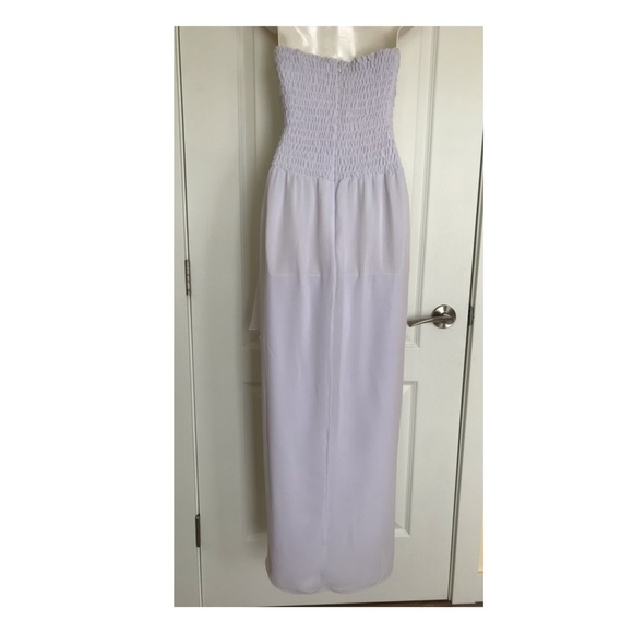 White Ruched Chiffon Strapless Maxi Dress Draped Skirt Elastic Smocked Waist - Picture 4 of 5